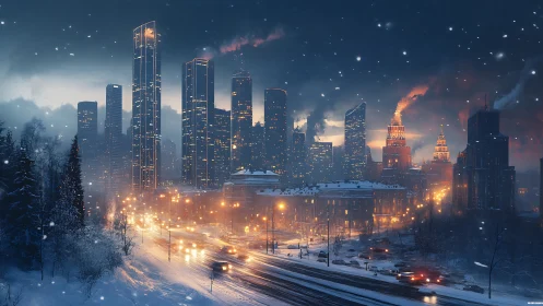 Digital winter metropolis skyline with luminous traffic grid.