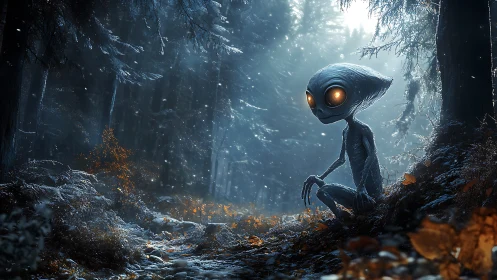 Gentle alien wanderer resting in a moonlit winter forest.