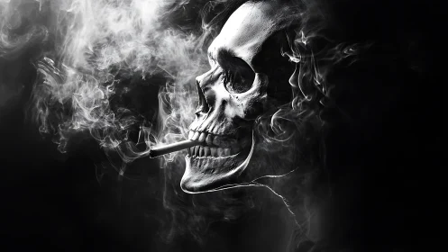 Monochrome skeletal profile exhaling dense cigarette smoke.