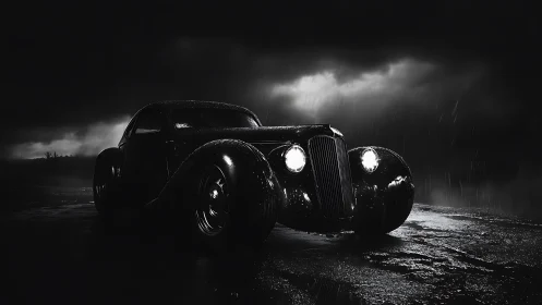 Vintage coupe headlights pierce stormy night rain-soaked road