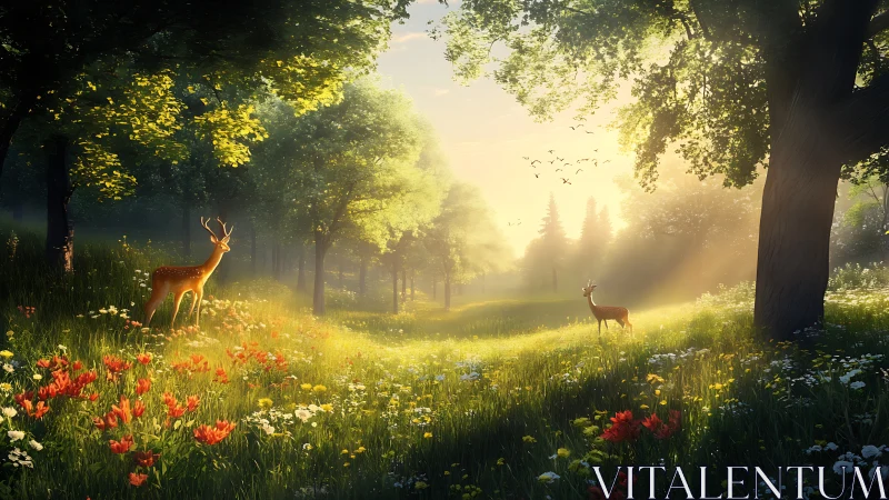 Tranquil Deer in Sunlit Forest Clearing, Realistic Digital Art.