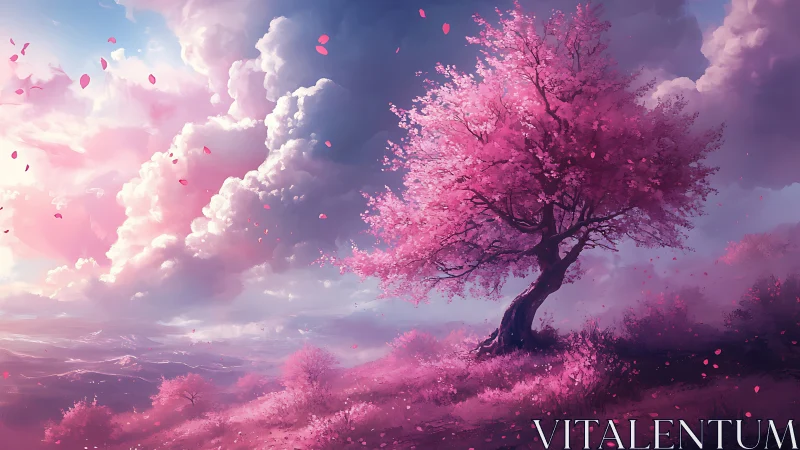 Windswept cherry tree dominates gradient sky with volumetric clouds