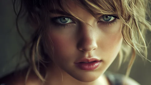 Close frontal portrait of young woman with blue eyes.