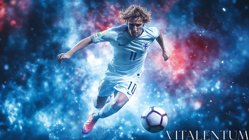 Dynamic soccer player in white kit against cosmic background.