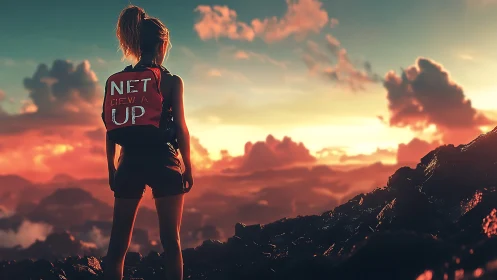 Adventurer watches a fiery mountain sunset sky in awe