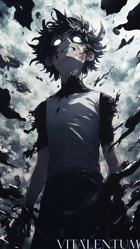 Storm-eyed boy dissolving into midnight feathers of power.