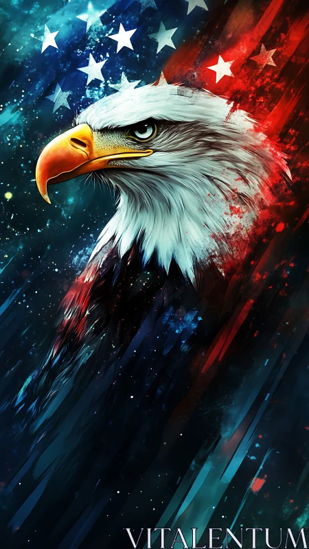 Bold eagle portrait in glowing red, white, and blue light.