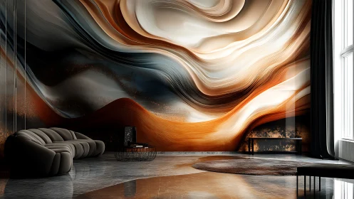 Swirling abstract wall art transforms a luxurious modern lounge
