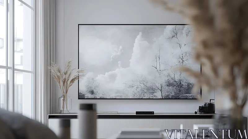 Serene monochrome landscape art anchors a modern living room