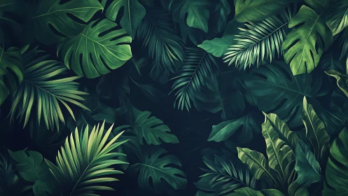 Dense arrangement of overlapping tropical foliage forms pattern.