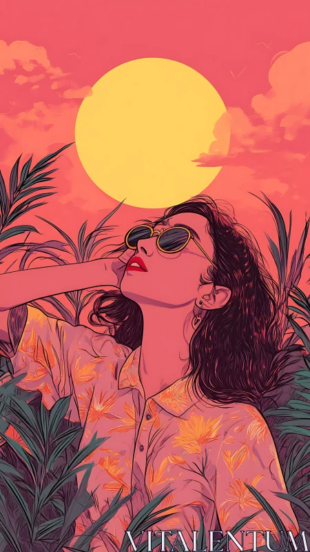 Sunlit daydream among tropical leaves and glowing skies.