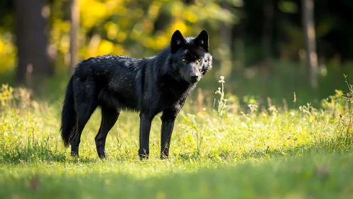 Black wolf standing in sunlit grassy clearing outdoors.