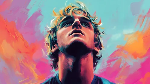 Expressive digital portrait with neon gradients and upward gaze.