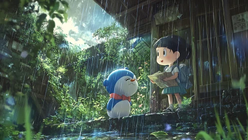 Girl and blue robot share map in lush rainy courtyard.