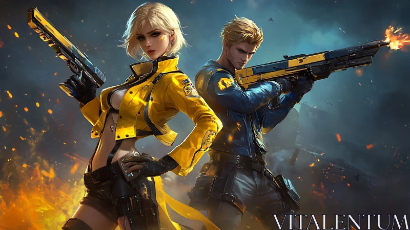 Armed duo in yellow and blue tactical outfits in combat stance.