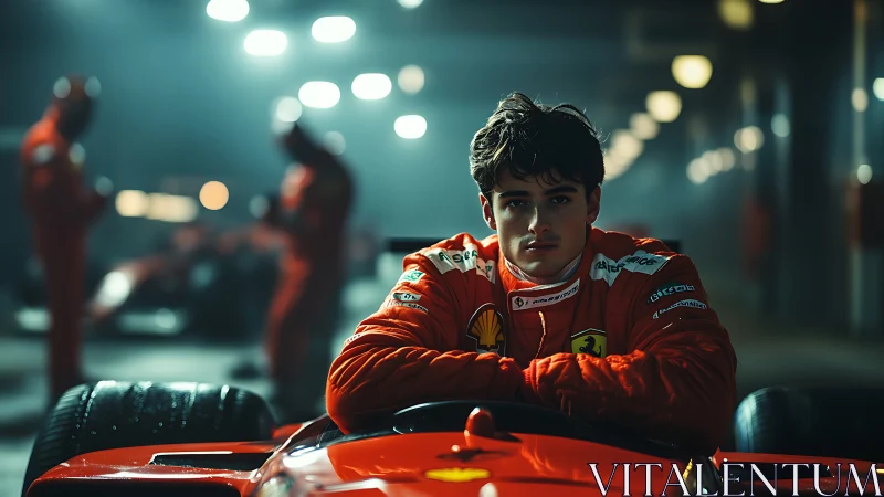 Brooding young racer steeps in neon-lit pit lane calm.