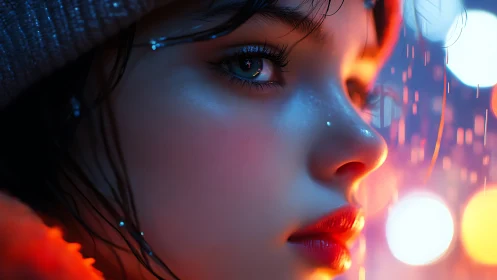 Neon city rain reflects in a pensive young woman&rsquo;s gaze