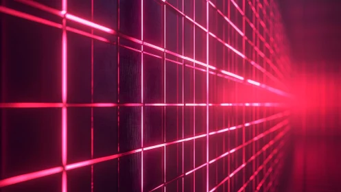 Futuristic glowing neon grid wall in vibrant pink perspective.