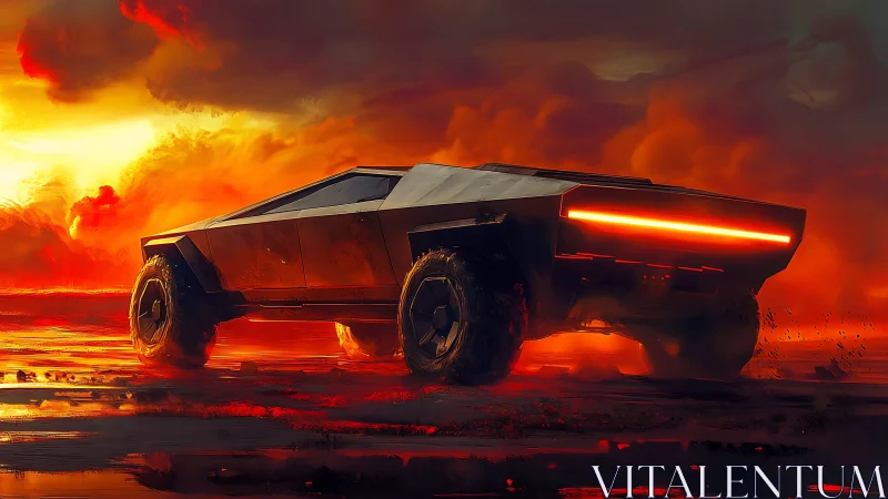 Cyberpunk off-road truck under incendiary sky at dusk.