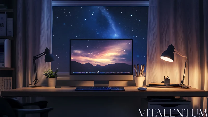 Dual-lit desktop workstation facing star-filled night sky