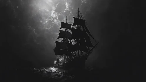 Midnight brig haunts a stormlit sea with ghostly resolve