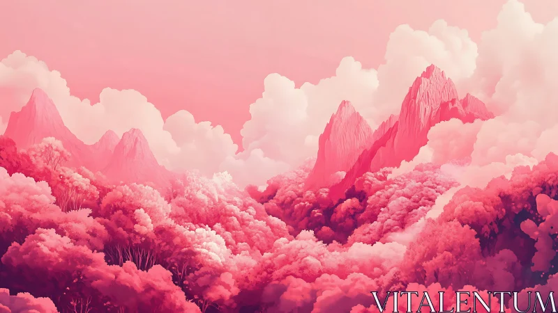 Cotton candy mountains drift above a blushing dream forest.