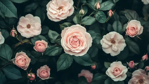 Pink Garden Roses and Buds Among Dark Foliage