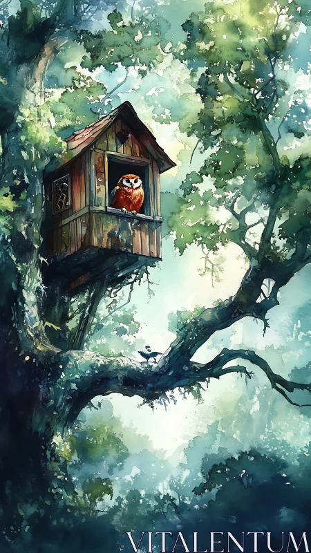 Solitary owl watches misty forest from rustic tree house
