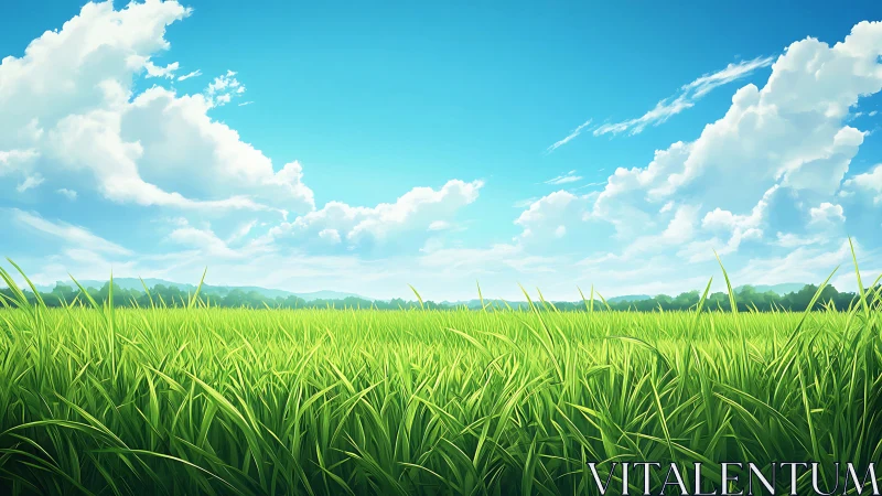 Sunlit grassland under expansive calm summer sky.