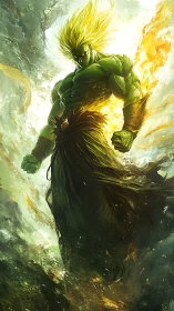 Verdant elemental warrior ignites in stormlit inferno aura.