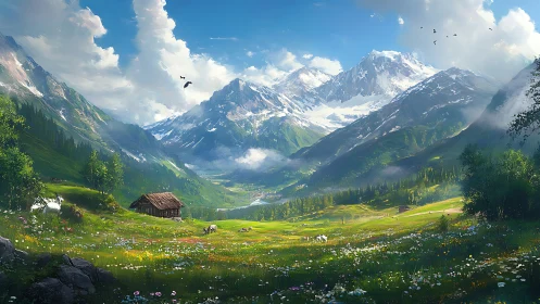 Sunlit alpine valley with cabin, grazing livestock and receding peaks