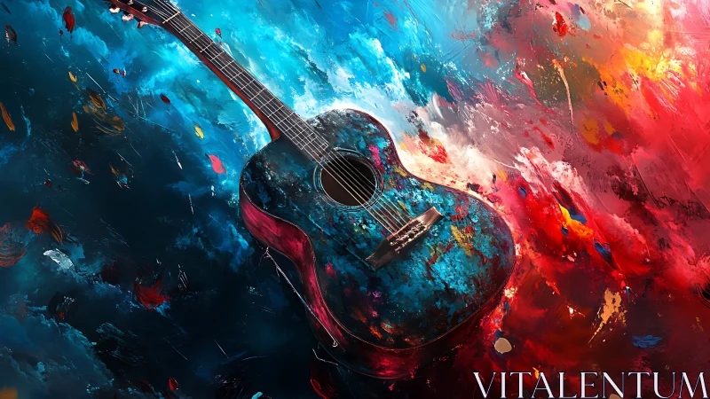 Guitar adrift in paint-splashed cosmos of red and blue sound.