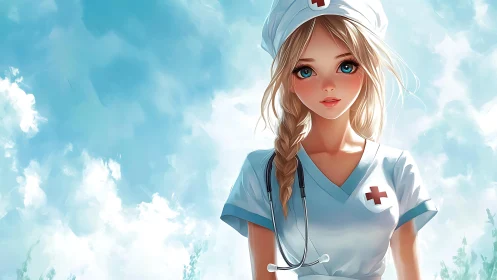 Anime nurse with stethoscope stands under bright sky