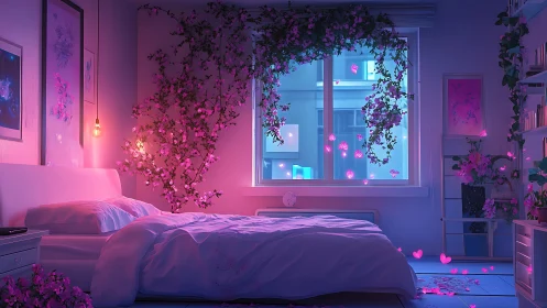 Romantic neon-lit bedroom with blooming window garden.