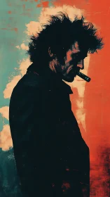 Brooding smoker in stark teal and burnt orange silhouette.