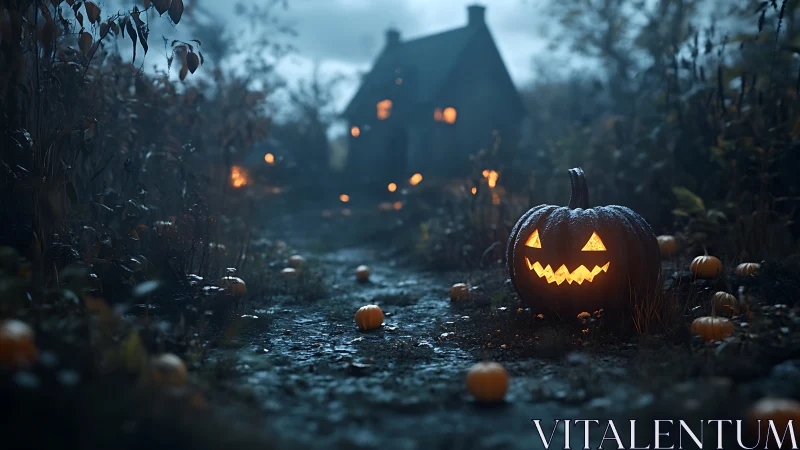 Moody depth-of-field scene with glowing jack-o'-lantern path illumination
