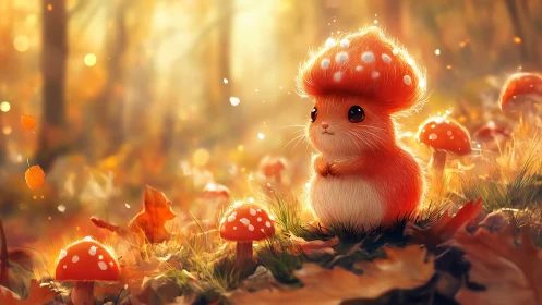 Mushroom-crowned forest fluffling basking in golden light.