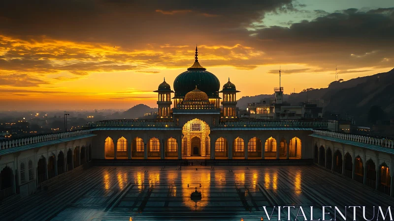 Golden domed mosque courtyard glows under a peaceful sunset