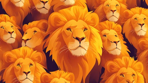Radiant lion chorus in a sea of golden manes.
