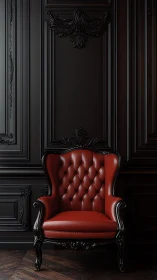 Red leather wingback chair against black baroque wall.