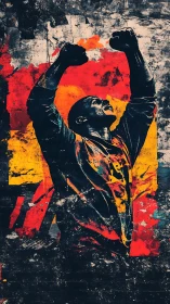Man raises clenched fists in distressed graphic artwork