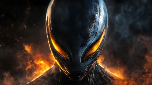 Molten-eyed alien sentinel rising through embers and smoke.