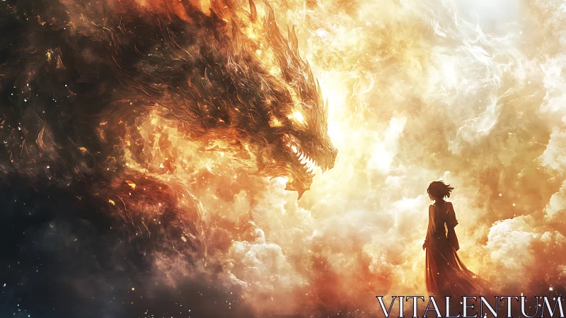 Fiery celestial dragon confronts lone figure in blazing clouds