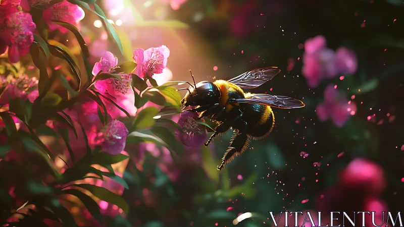 Sunlit bumblebee pirouettes through blooming pink petals.
