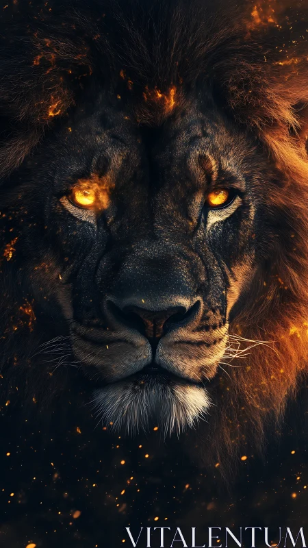 Volumetric-lit lion portrait with ember particle effects and glow