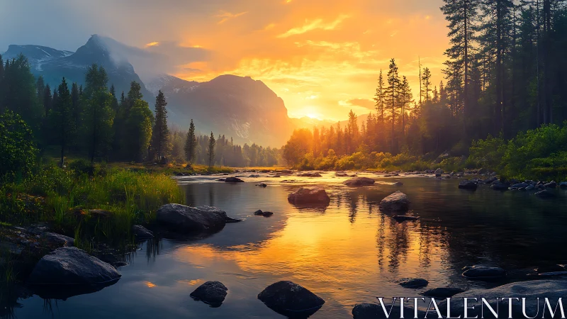 Sunlit alpine river valley with glowing sunset reflections.
