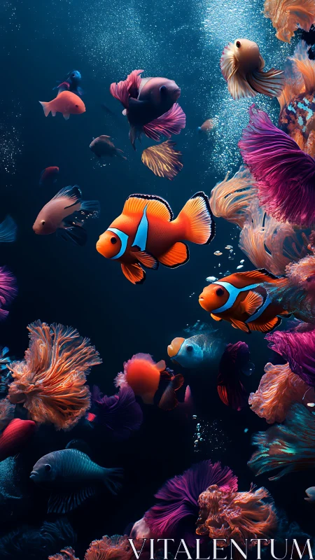Clownfish carnival drifting through neon coral blooms beneath.
