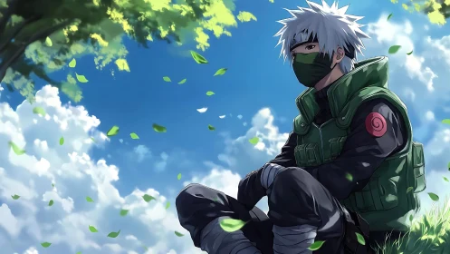 Masked anime soldier resting under bright spring sky.