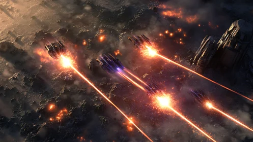 Orbital spacecraft conduct coordinated surface bombardment.