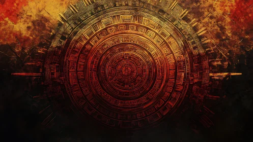 Solar glyph mandala with intricate concentric circuitry pattern.